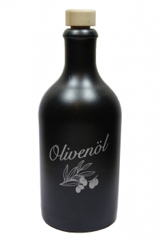 Steinzeugflasche 500ml schwarz-matt, bedruckt mit "Olivenöl" silber, Mündung 19mm inkl. pasendem Holzgriffkork natur